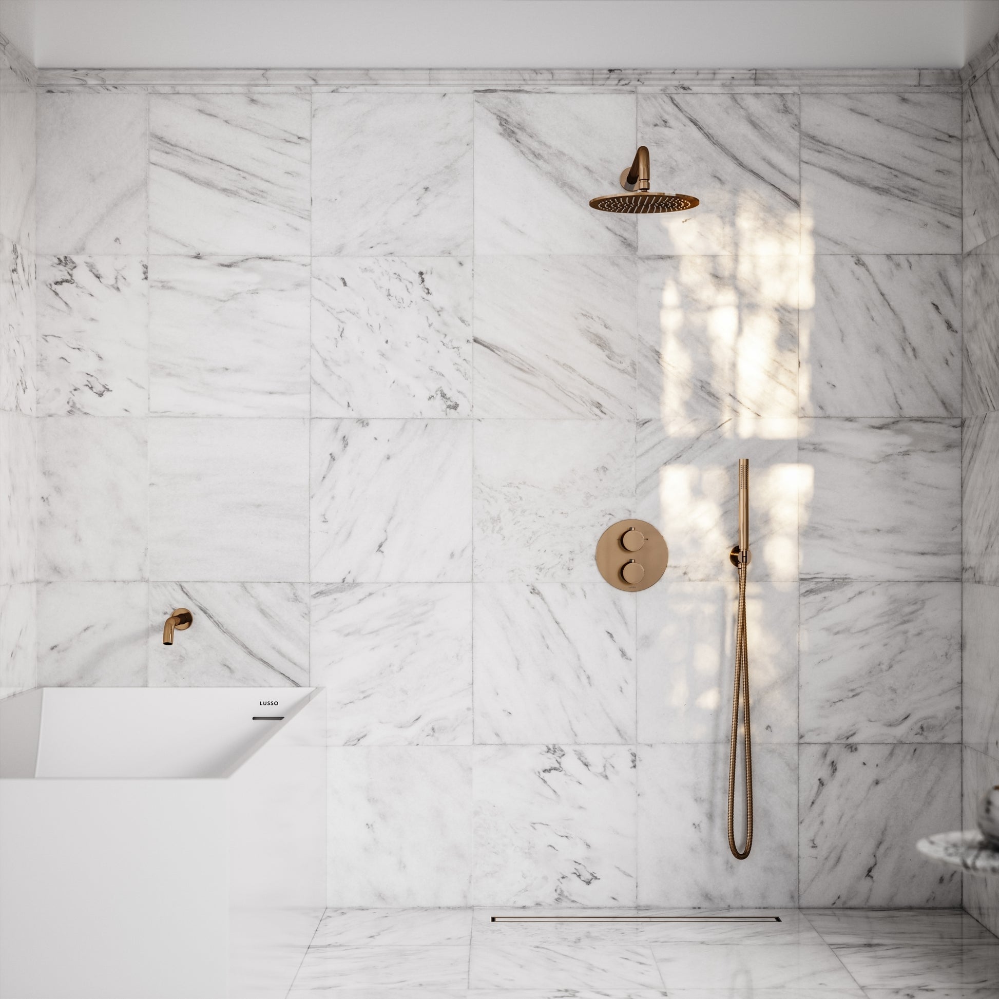 Luxe Rose Gold 3 Way Thermostatic Shower with Handheld Shower & Bath Spout