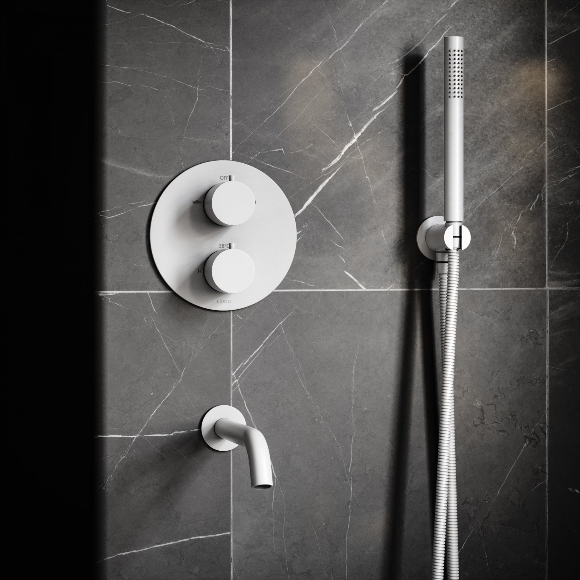Luxe Silk Matte White 3 Way Thermostatic Shower with Handheld Shower & Bath Spout