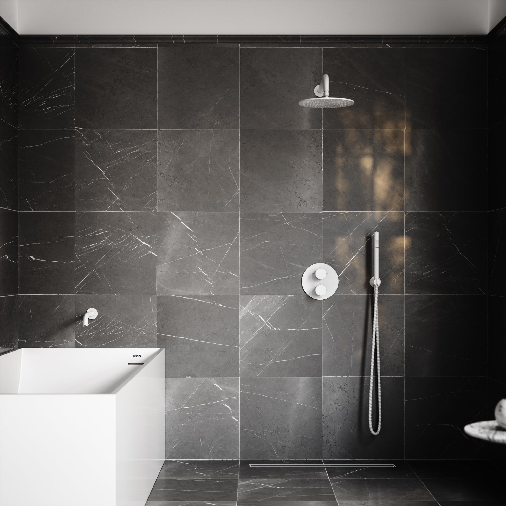 Luxe Silk Matte White 3 Way Thermostatic Shower with Handheld Shower & Bath Spout