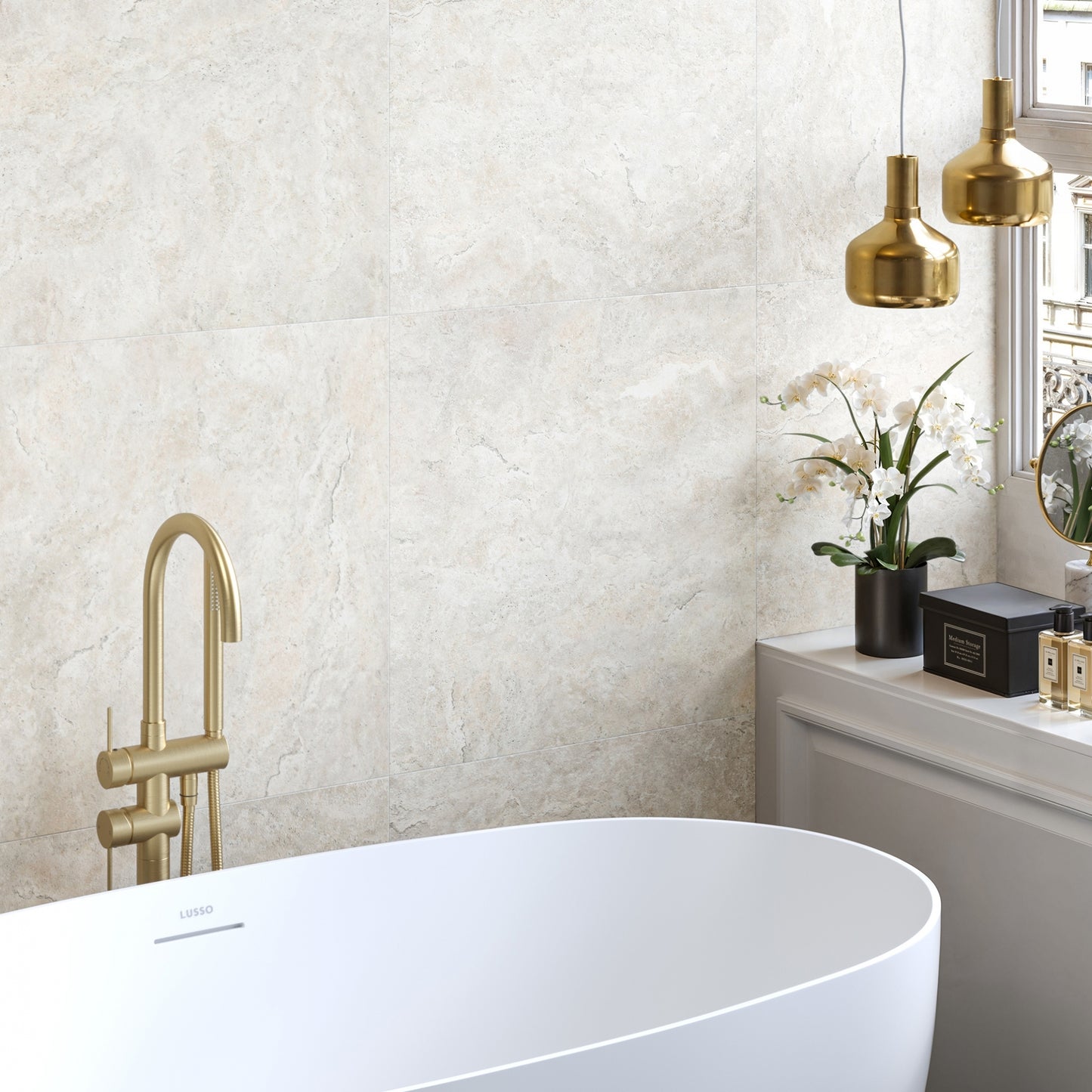 Manzoni White Travertine Porcelain Wall or Floor Tile 600 x 600mm