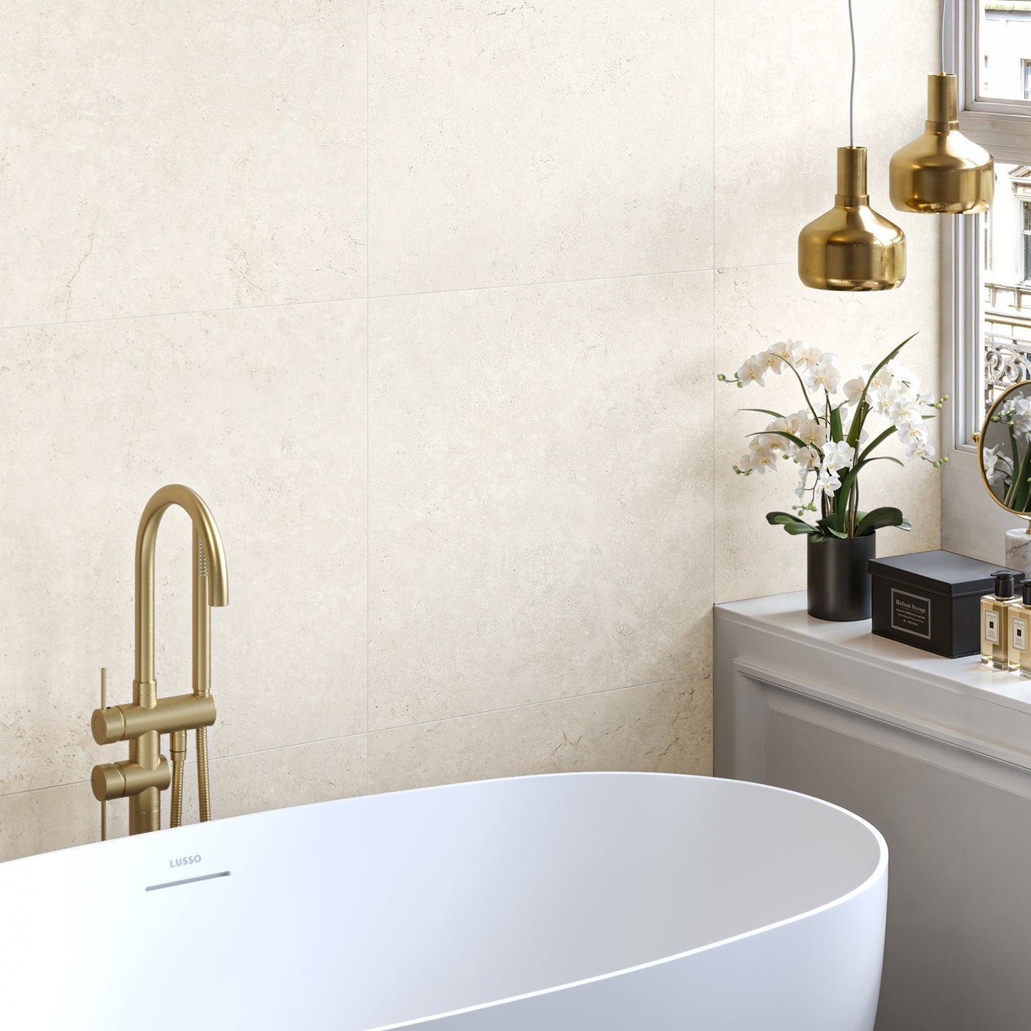 Navona Bianco Ivory Limestone Porcelain Wall or Floor Tile 600 x 600mm