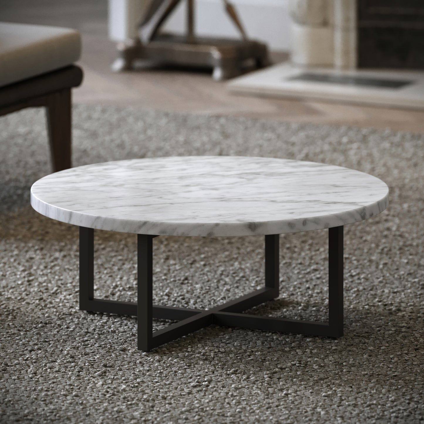 Nazzano Carrara Marble Round Coffee Table with Black Legs