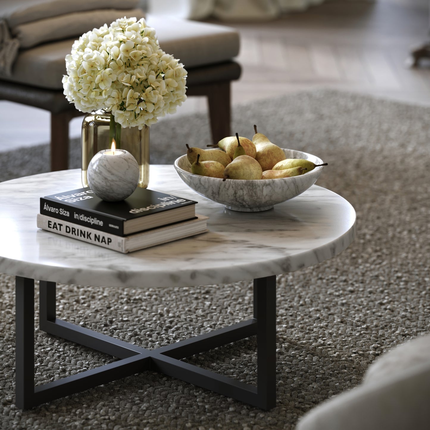 Nazzano Carrara Marble Round Coffee Table with Black Legs