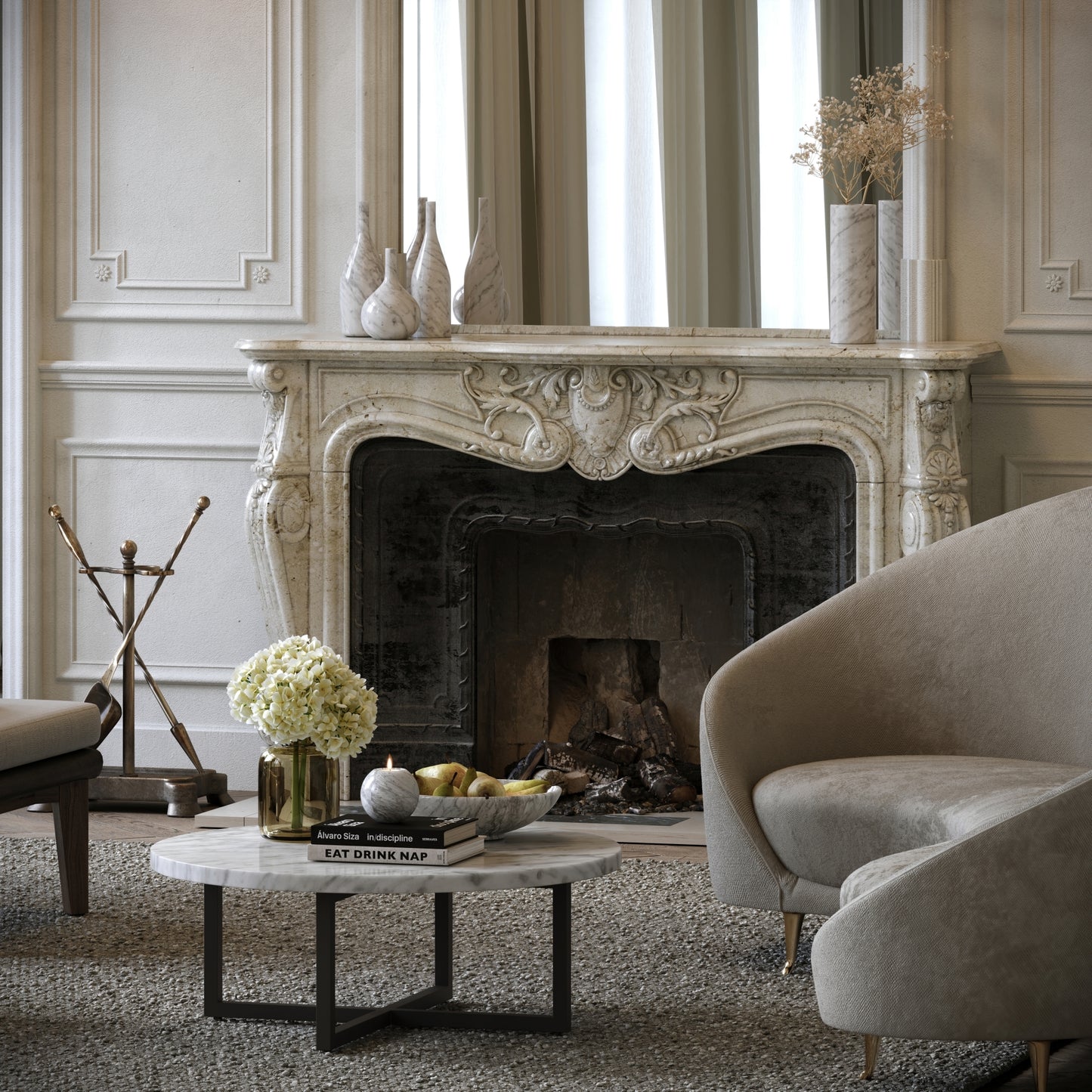 Nazzano Carrara Marble Round Coffee Table with Black Legs