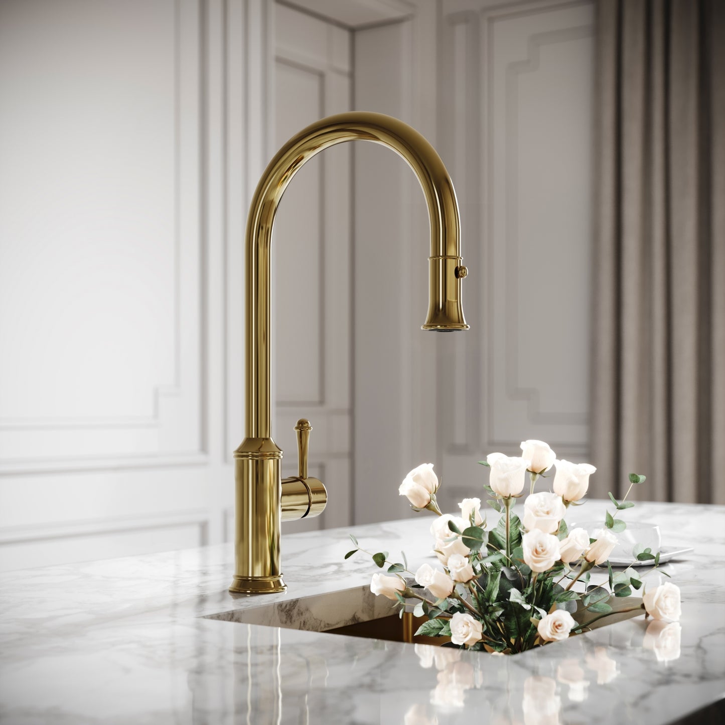 Norton Polished Brass Single Hole Traditional Pull Out Kitchen Tap