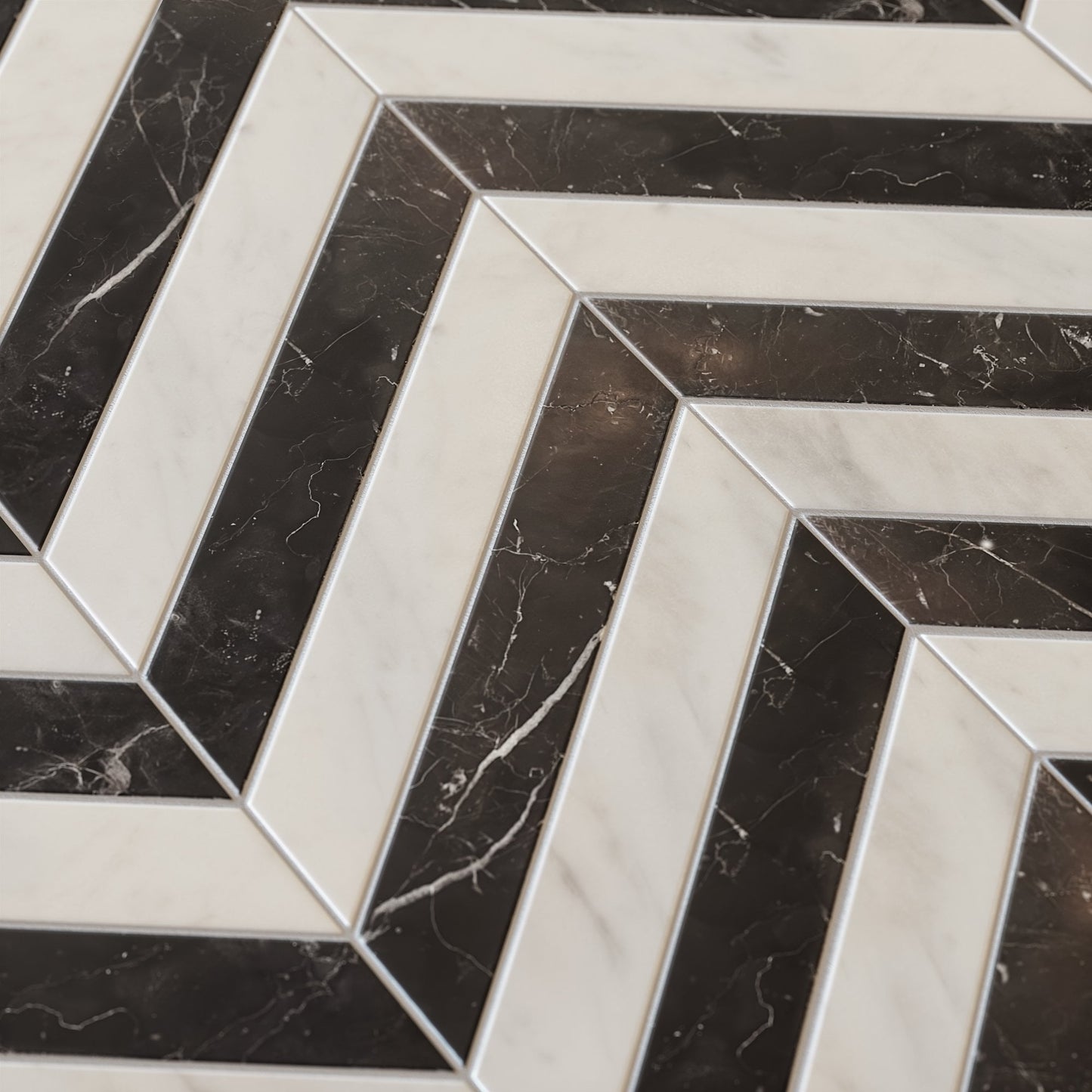 Palazzo Chevron Carrara & Nero Marquina Marble Mosaic Wall or Floor Tile