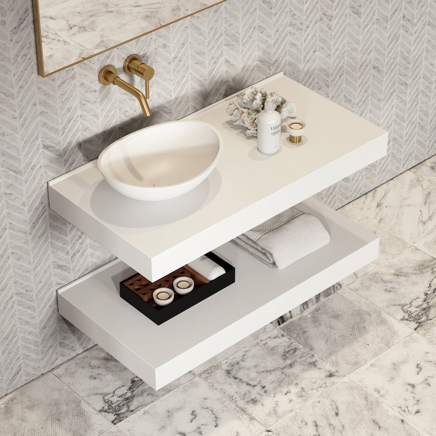 Stone Wall Hung Countertop Basin Shelf (1000mm Wide - Matte/Polished White)