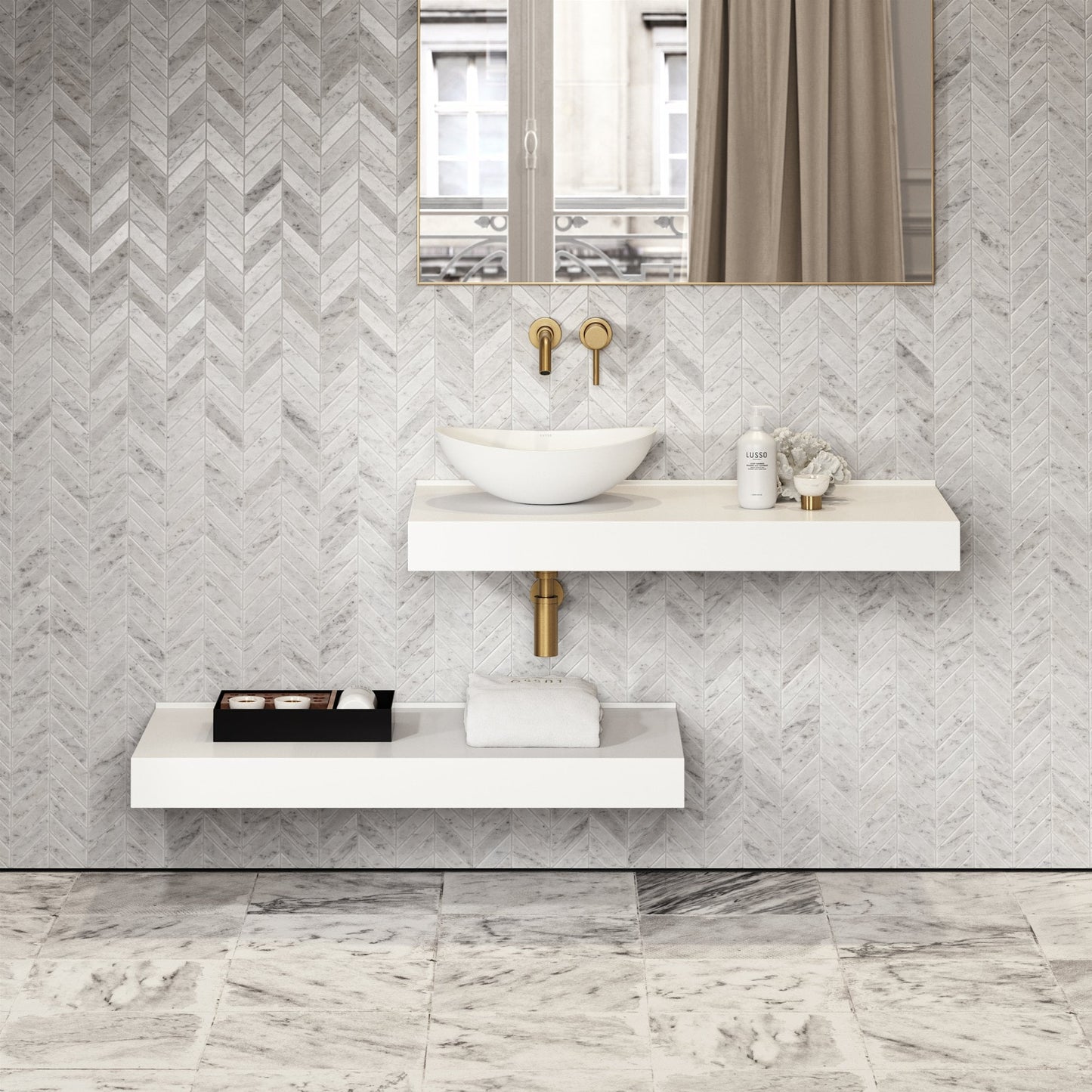 Stone Wall Hung Countertop Basin Shelf (1000mm Wide - Matte/Polished White)