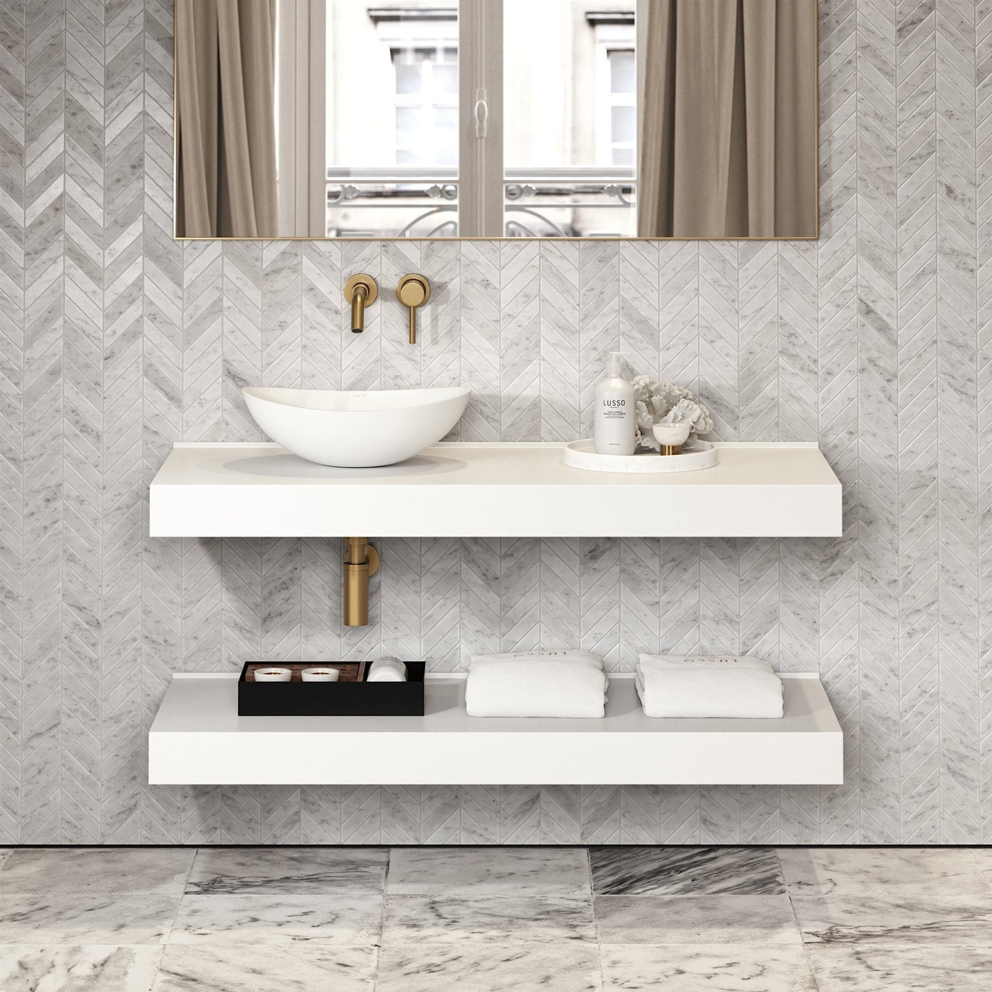 Stone Wall Hung Countertop Basin Shelf (1200mm Wide - Matte/Polished White)
