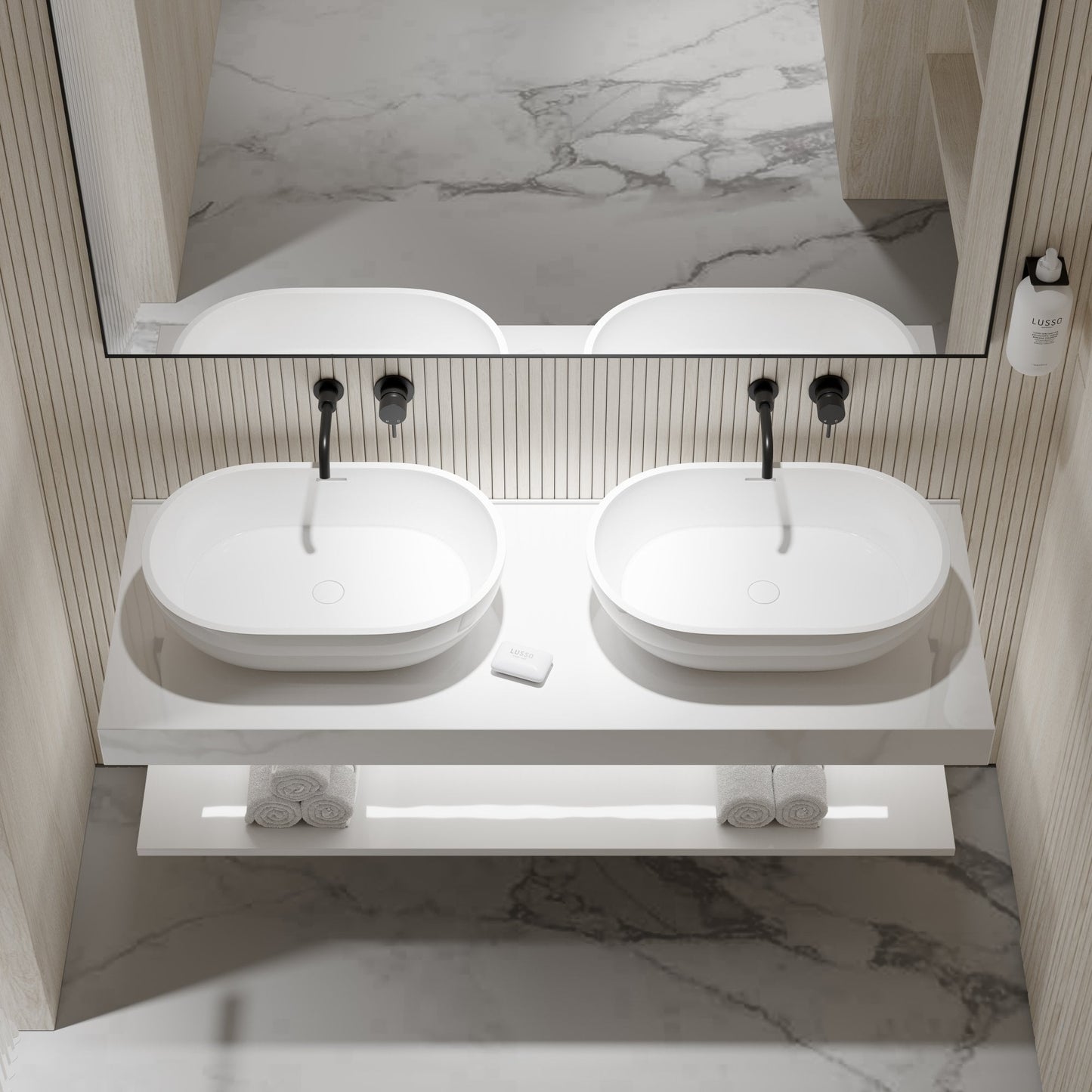 Stone Wall Hung Countertop Basin Shelf & Slimline Towel Shelf (1400mm Wide - Matte/Polished White)