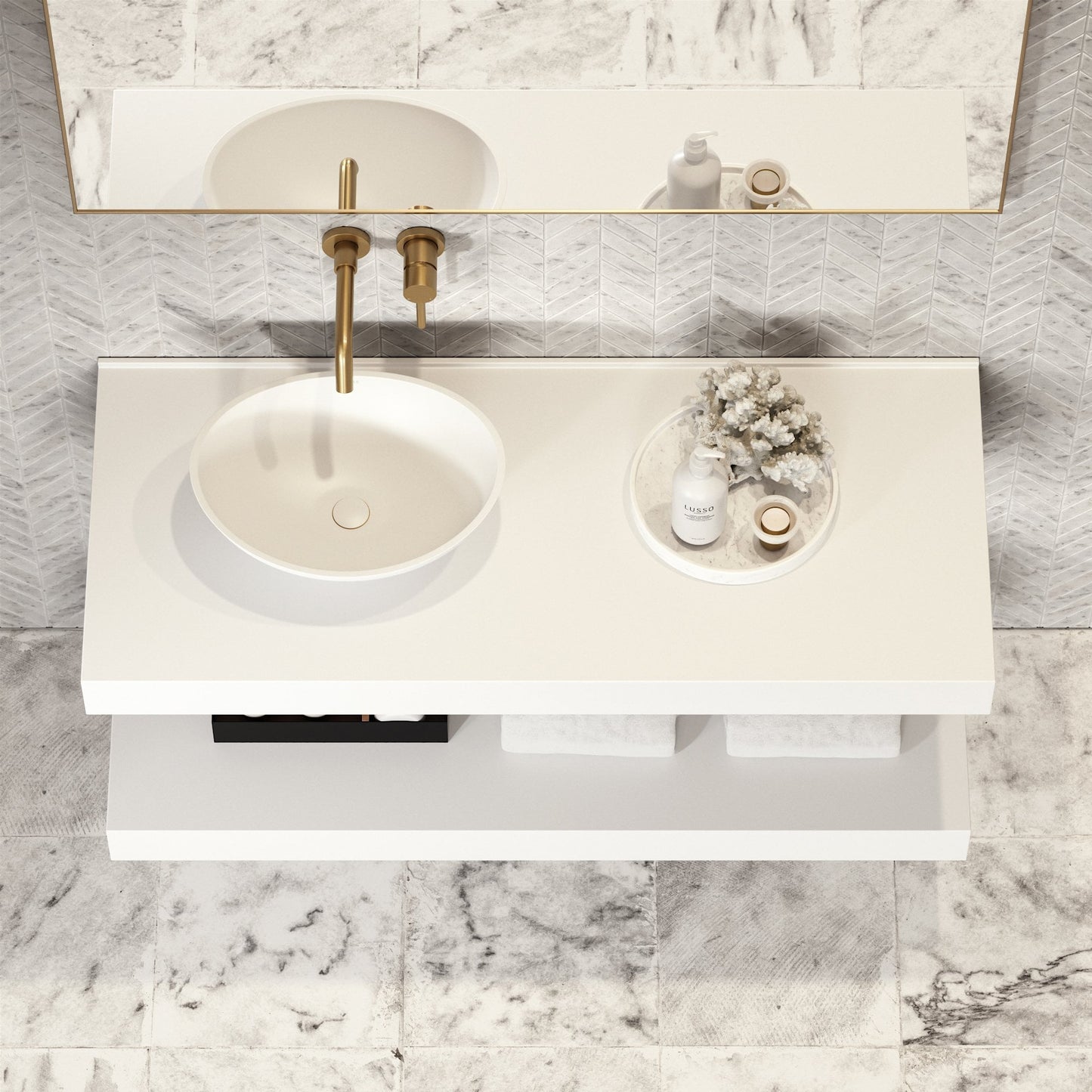 Stone Wall Hung Countertop Basin Shelf & Towel Shelf (1200mm Wide - Matte/Polished White)