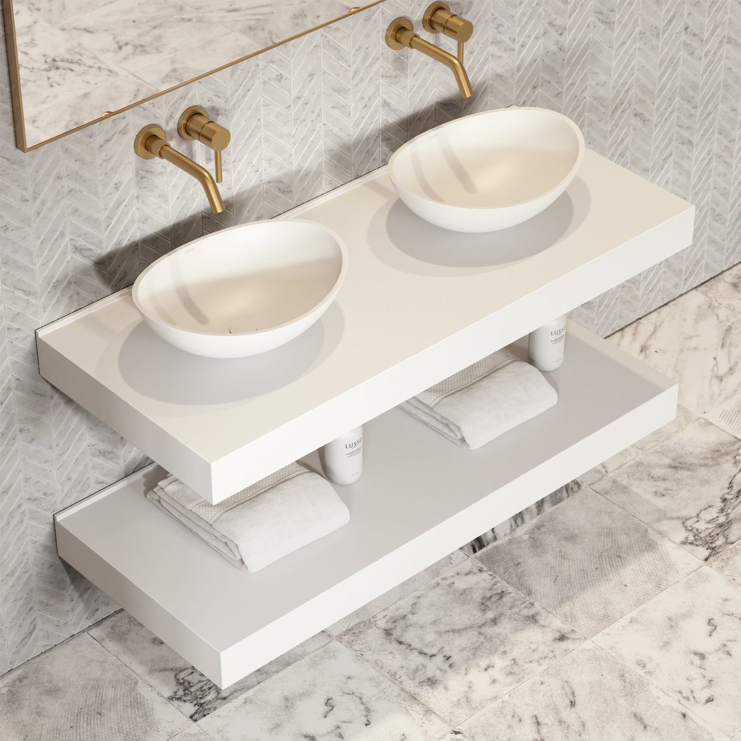 Stone Wall Hung Countertop Basin Shelf & Towel Shelf (1400mm Wide - Matte/Polished White)