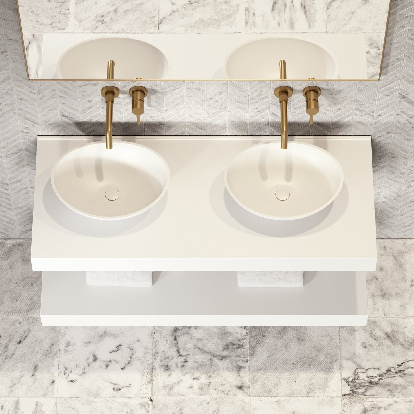 Stone Wall Hung Countertop Basin Shelf & Towel Shelf (1400mm Wide - Matte/Polished White)
