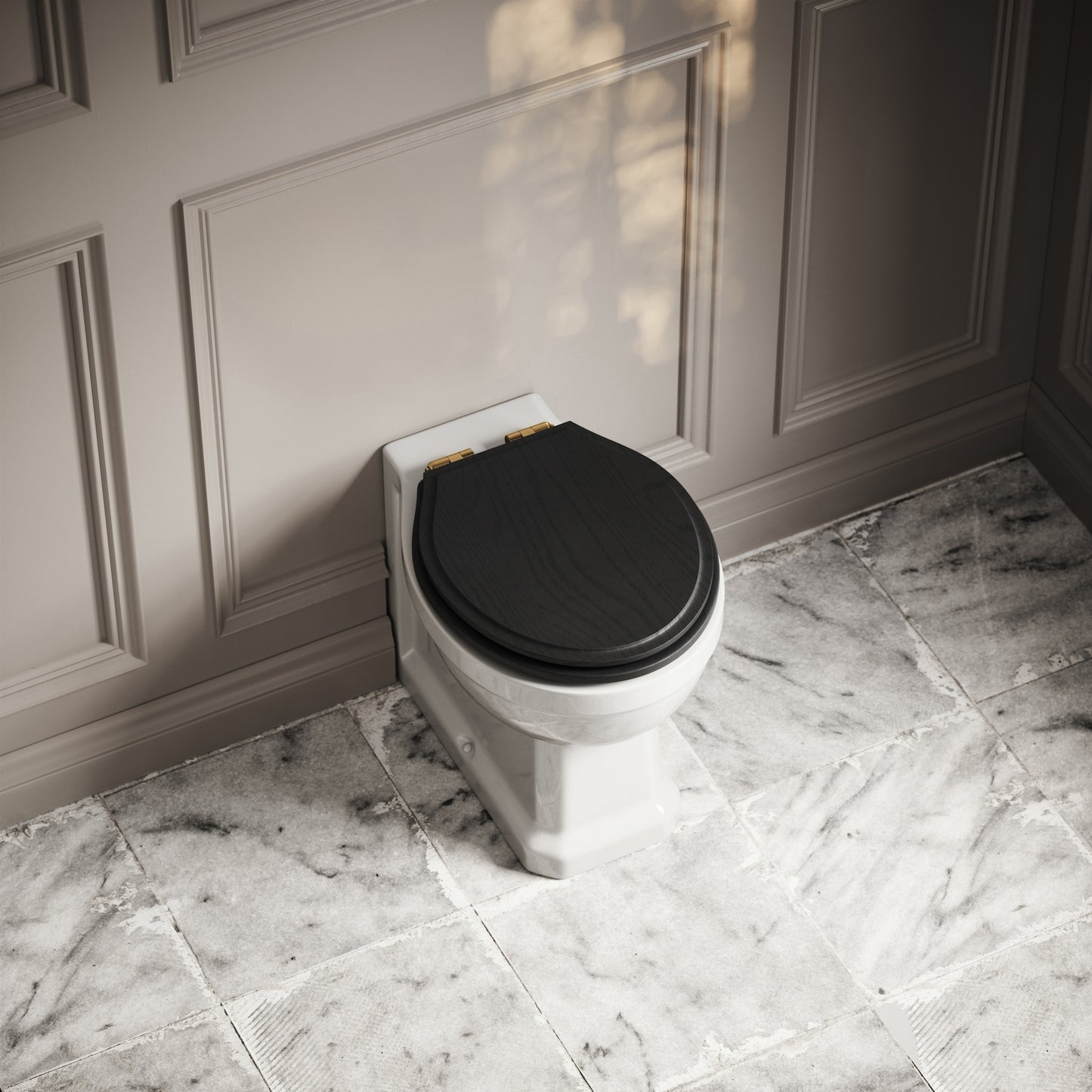 Portland Back to Wall Traditional Toilet with Solid Oak Matte Black seat (Brushed Gold Fittings)