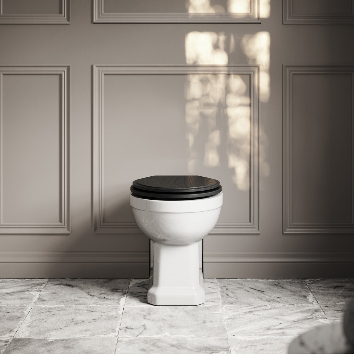 Portland Back to Wall Traditional Toilet with Solid Oak Matte Black seat (Polished Nickel Fittings)