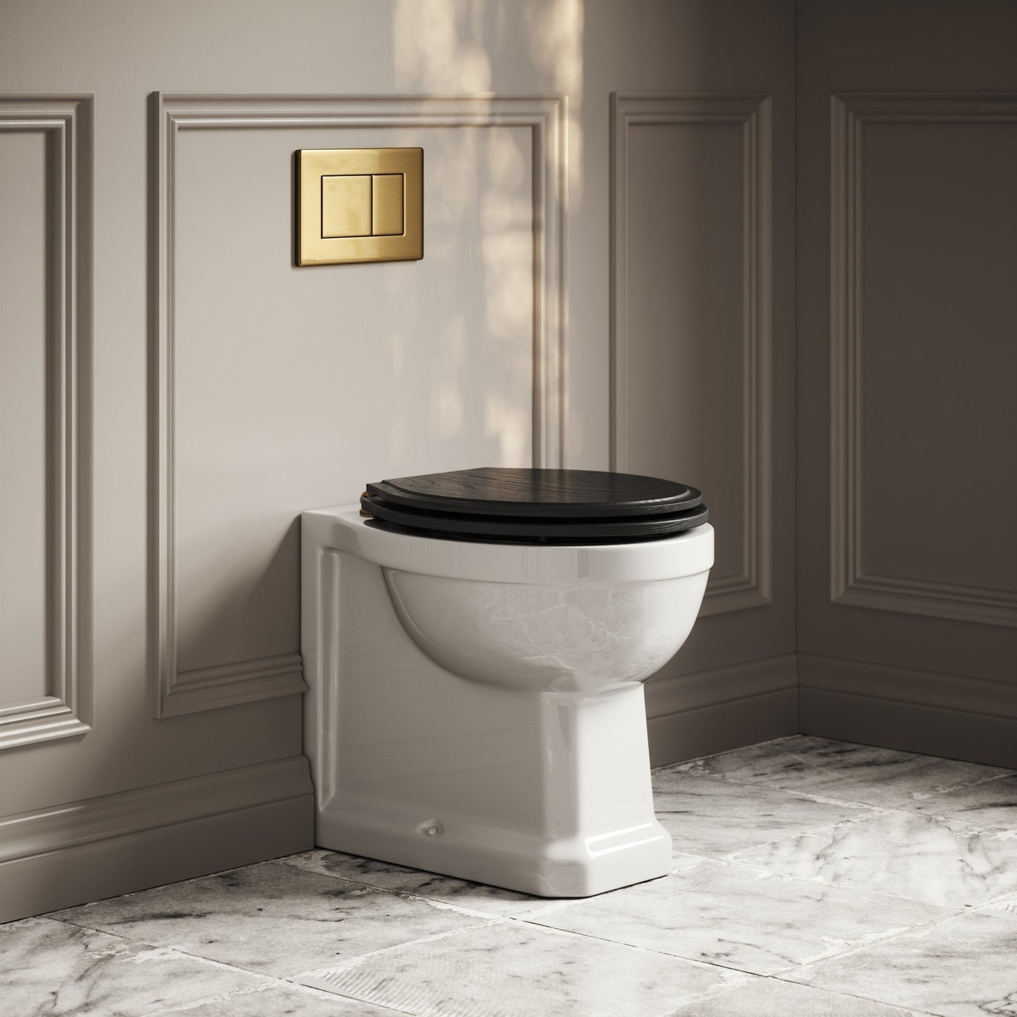 Portland Back To Wall Traditional Toilet With Solid Oak Matte Black Seat with Concealed Cistern and Brushed Gold Flush Plate