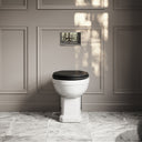 Portland Back To Wall Traditional Toilet With Solid Oak Matte Black Seat with Concealed Cistern and Chrome Flush Plate