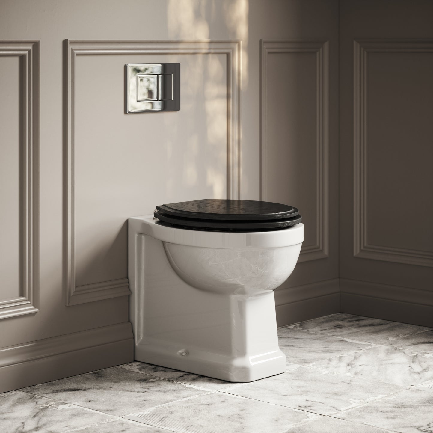 Portland Back To Wall Traditional Toilet With Solid Oak Matte Black Seat with Concealed Cistern and Chrome Flush Plate
