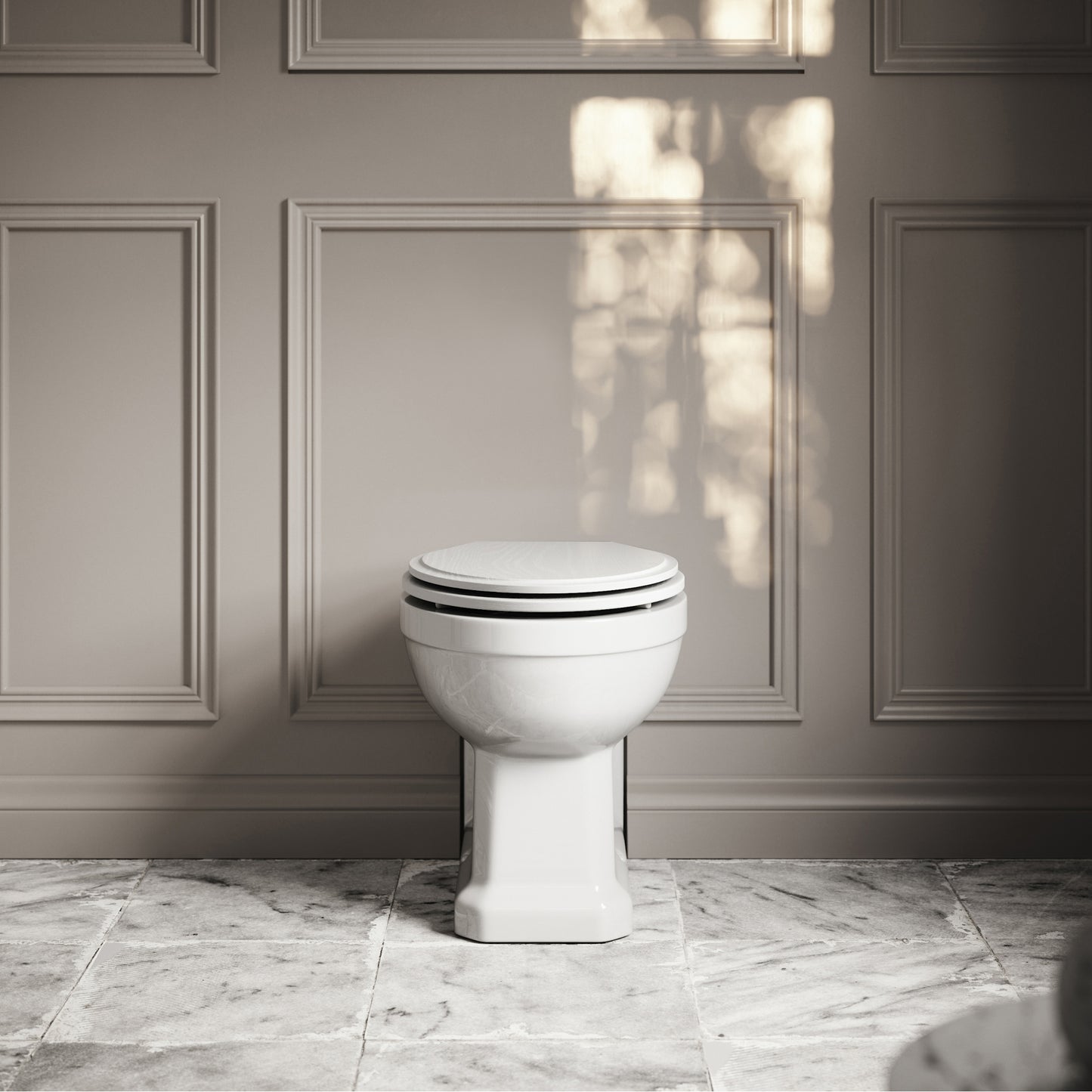 Portland Back to Wall Traditional Toilet with Solid Oak Matte White seat (Brushed Gold Fittings)