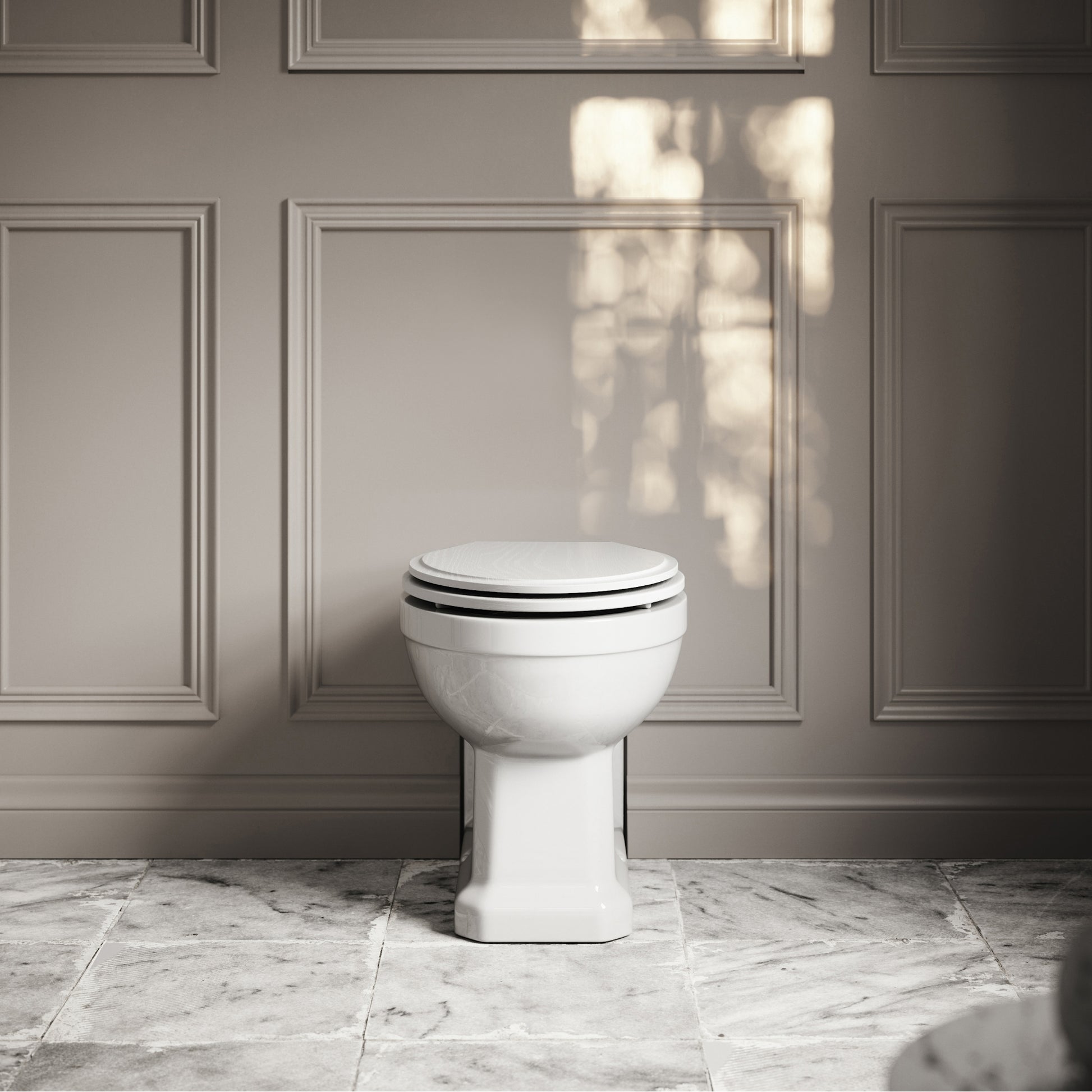 Portland Back to Wall Traditional Toilet with Solid Oak Matte White seat (Brushed Gold Fittings)