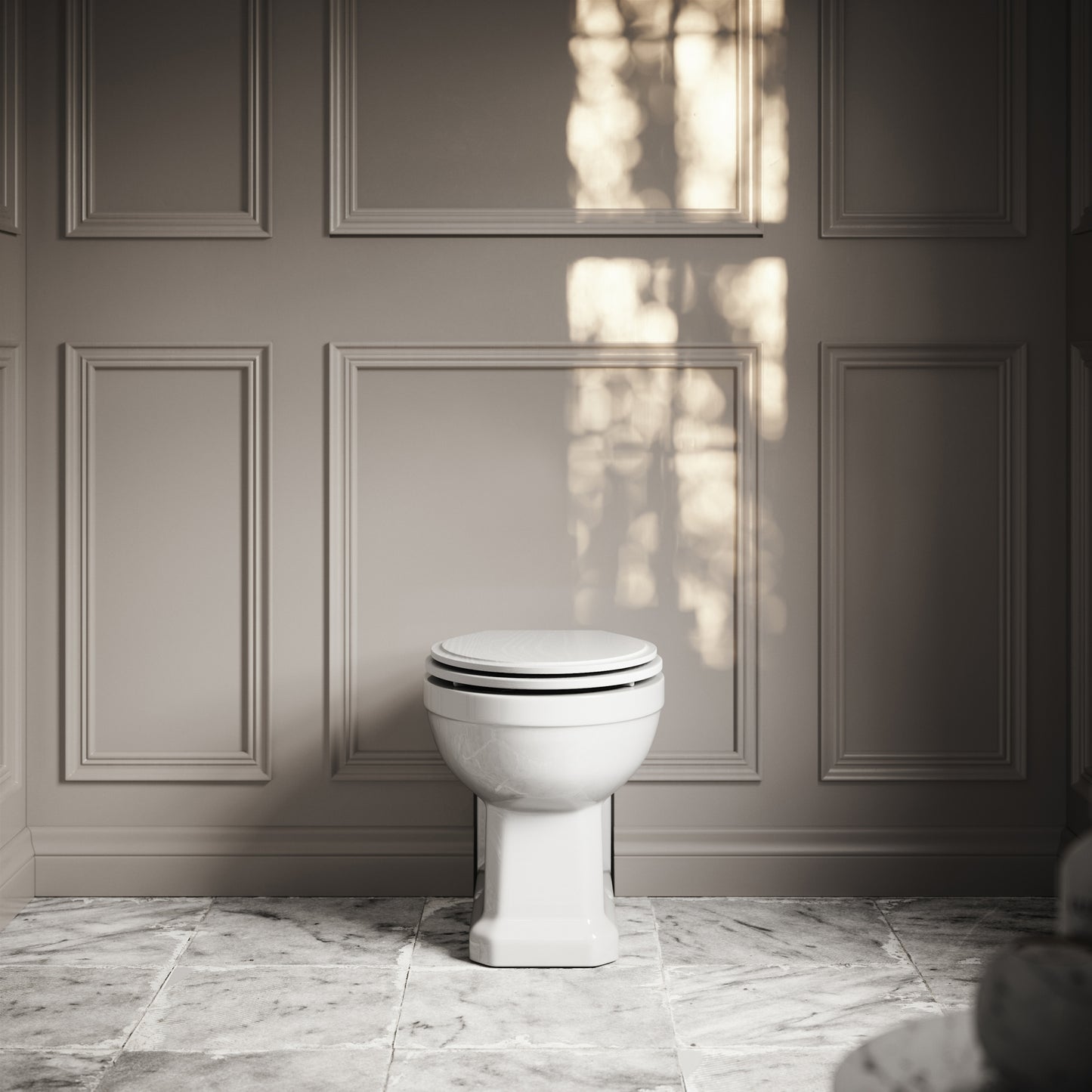 Portland Back to Wall Traditional Toilet with Solid Oak Matte White seat (Chrome Fittings)