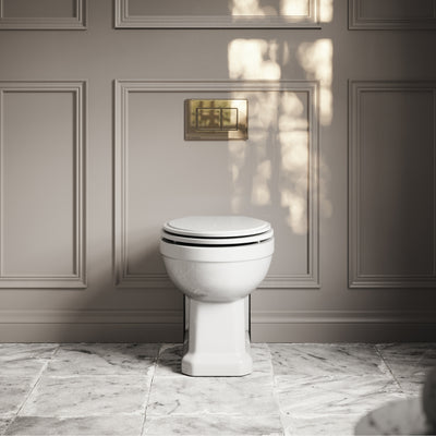 Portland Back To Wall Traditional Toilet With Solid Oak Matte White Seat with Concealed Cistern and Polished Nickel Flush Plate