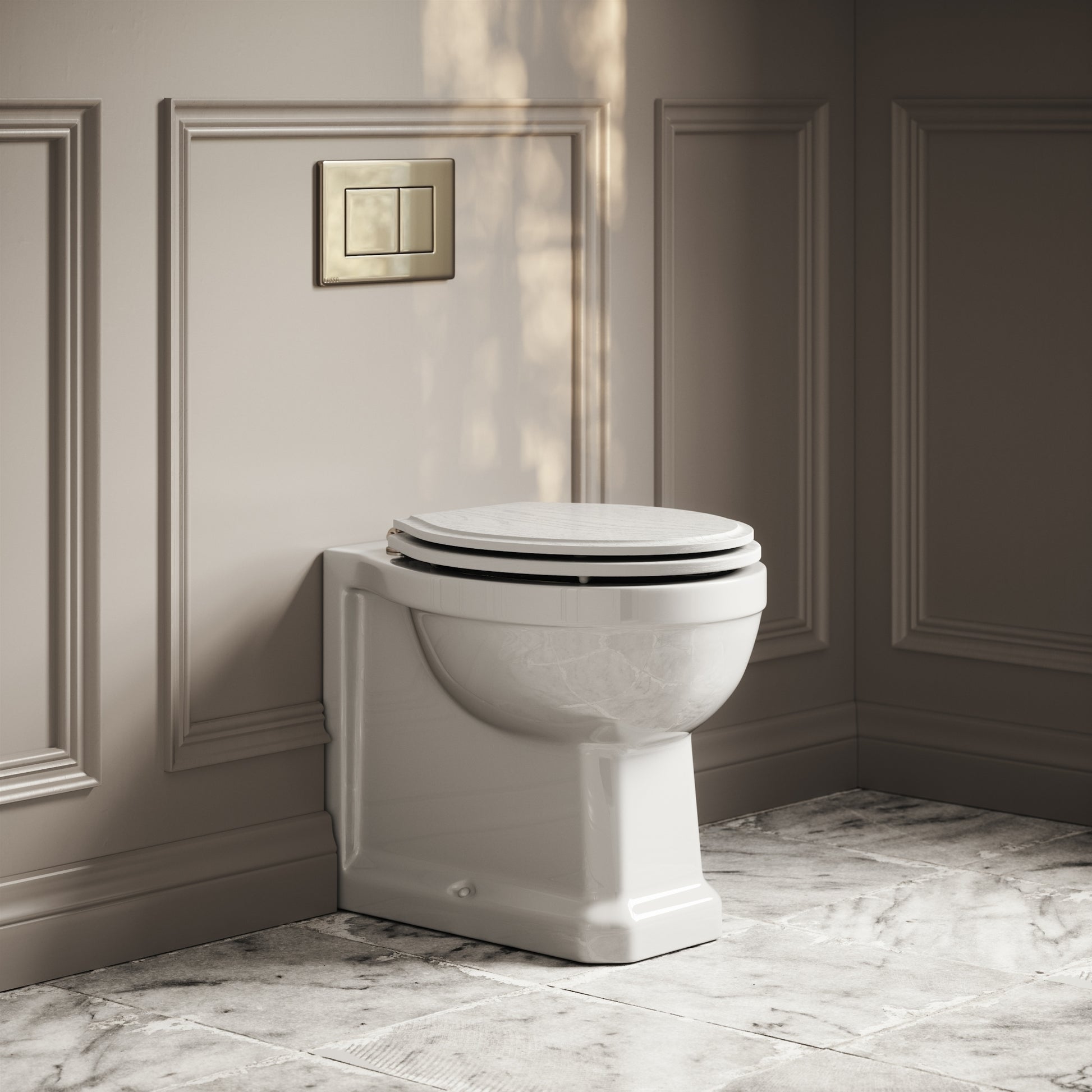 Portland Back To Wall Traditional Toilet With Solid Oak Matte White Seat with Concealed Cistern and Polished Nickel Flush Plate