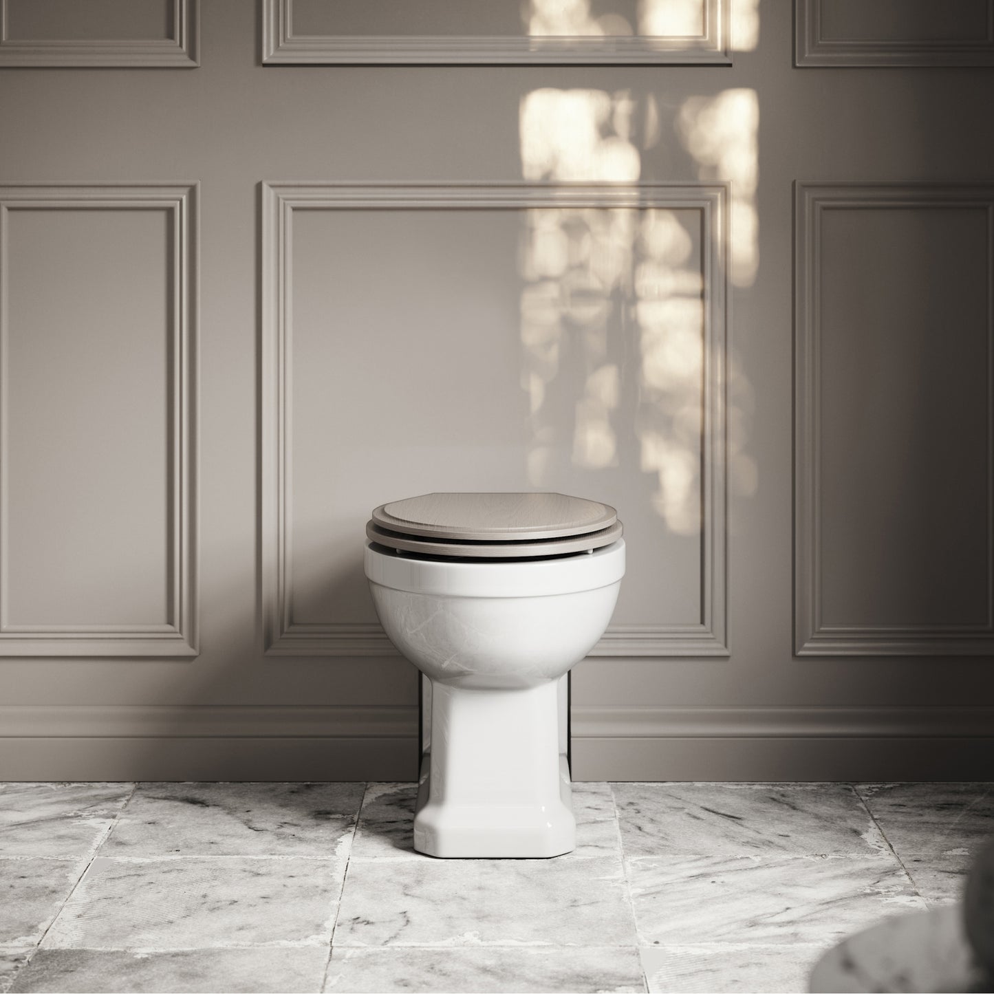 Portland Back to Wall Traditional Toilet with Solid Oak Velvet Beige seat (Chrome Fittings)