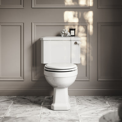 Portland Close Coupled Traditional Toilet with Solid Oak Matte White seat (Polished Nickel Fittings)