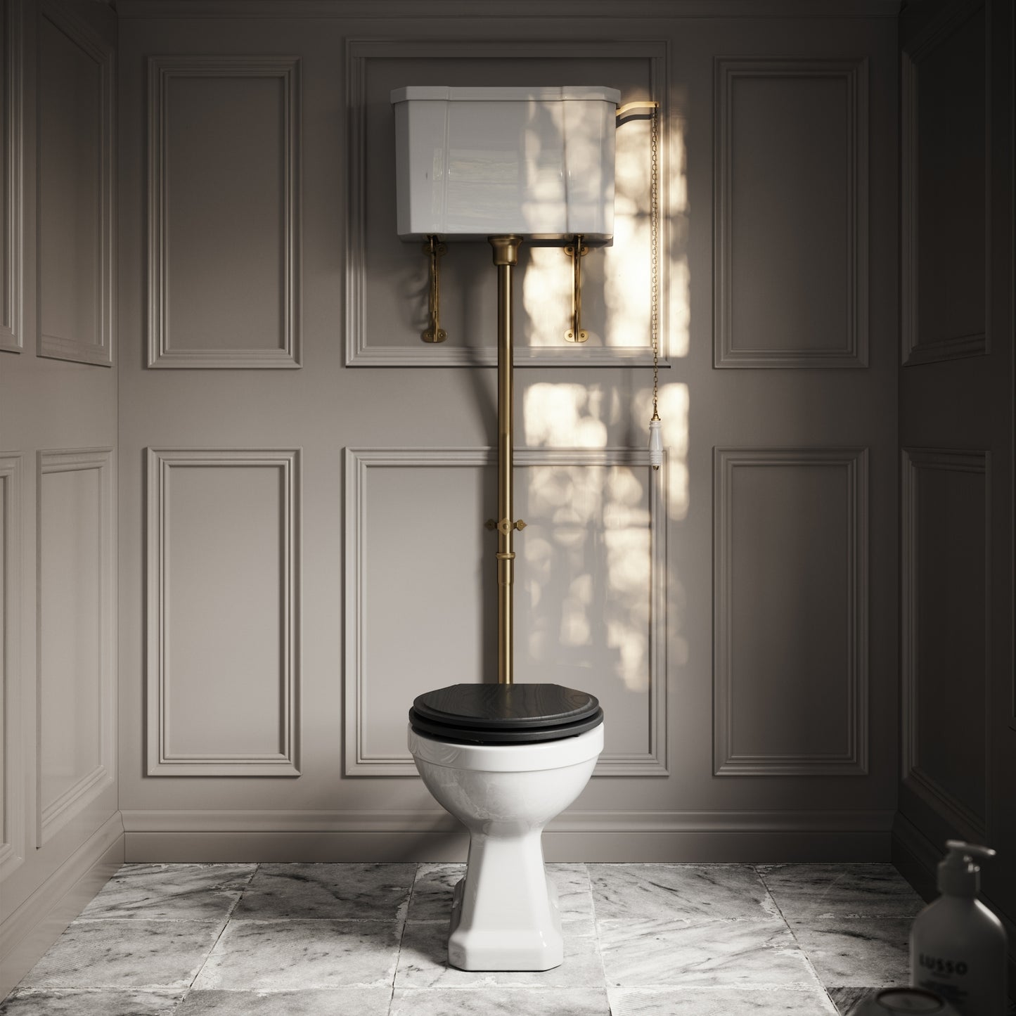 Portland High Level Traditional Toilet with Solid Oak Matte Black seat (Brushed Gold Fittings)