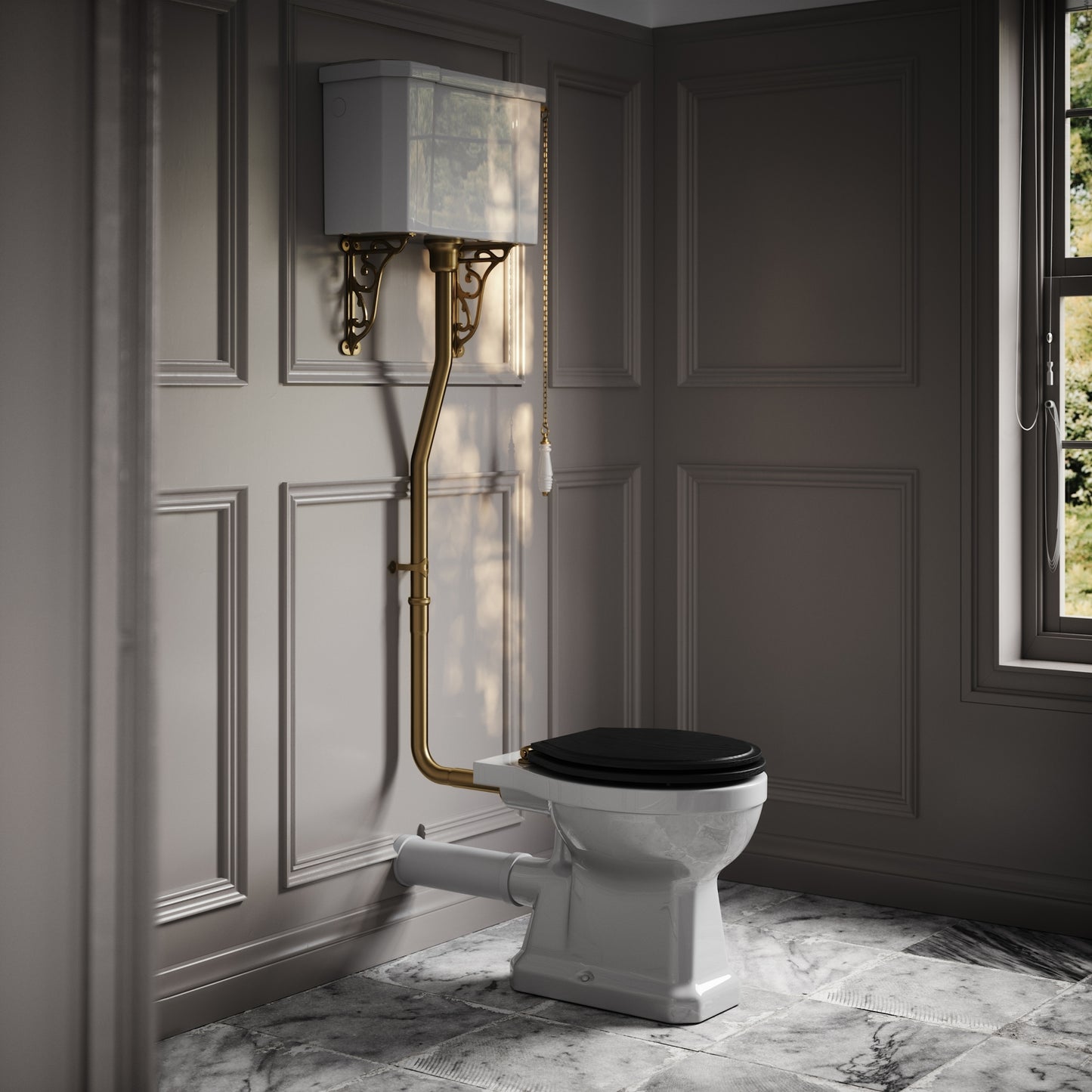 Portland High Level Traditional Toilet with Solid Oak Matte Black seat (Brushed Gold Fittings)