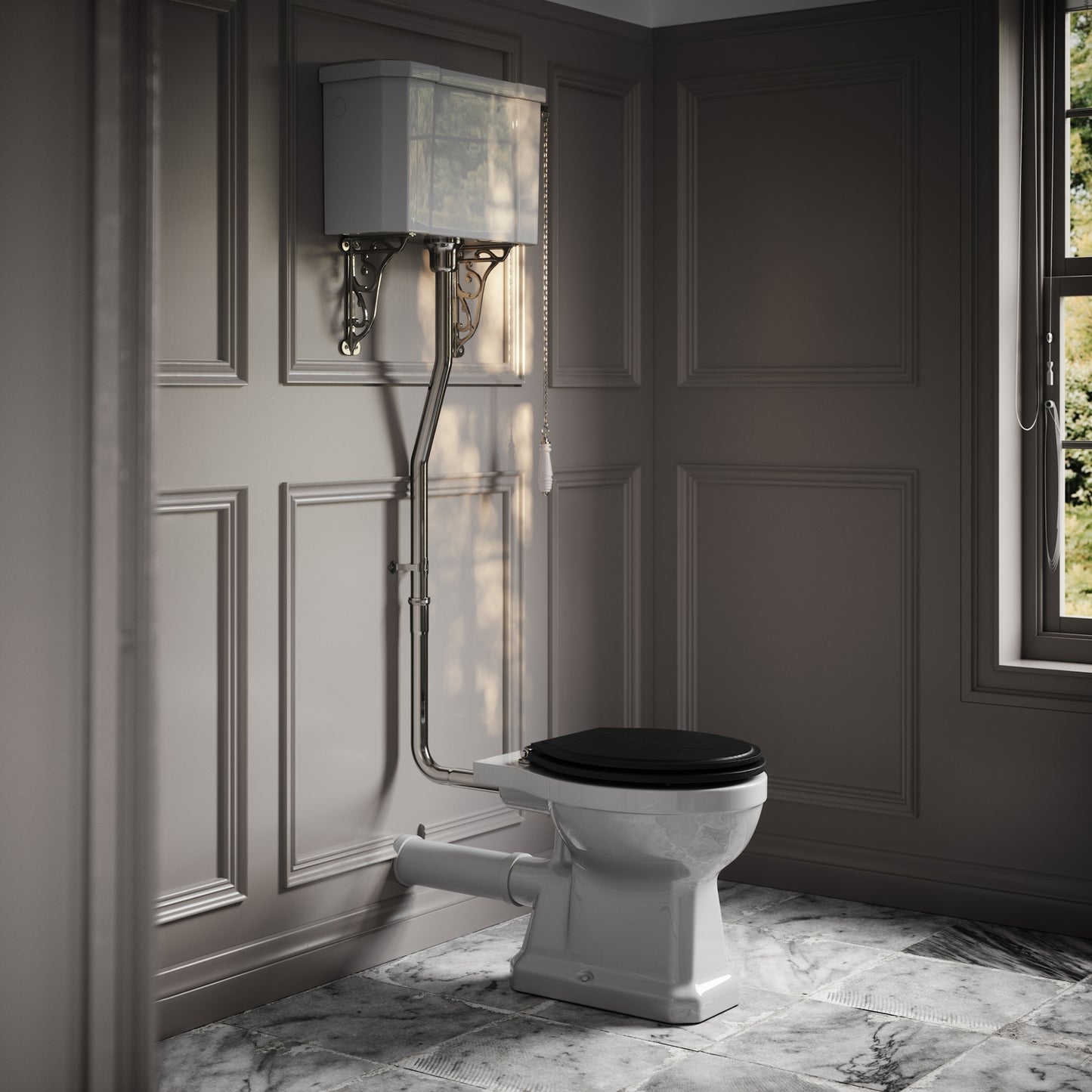 Portland High Level Traditional Toilet with Solid Oak Matte Black seat (Chrome Fittings)