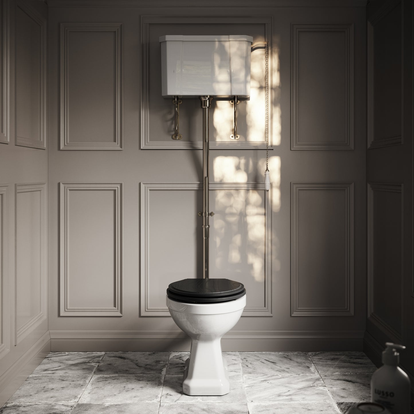 Portland High Level Traditional Toilet with Solid Oak Matte Black seat (Polished Nickel Fittings)