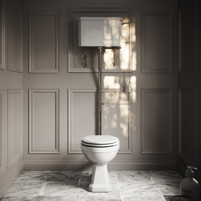Portland High Level Traditional Toilet with Solid Oak Matte White seat (Polished Nickel Fittings)