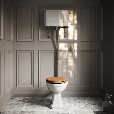 Portland High Level Traditional Toilet with Solid Oak seat (Polished Nickel Fittings)