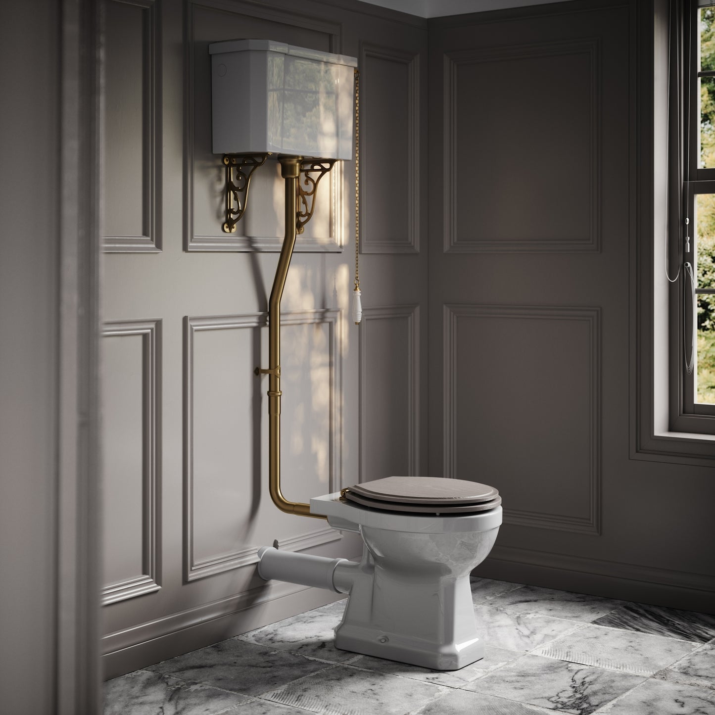 Portland High Level Traditional Toilet with Solid Oak Velvet Beige seat (Brushed Gold Fittings)