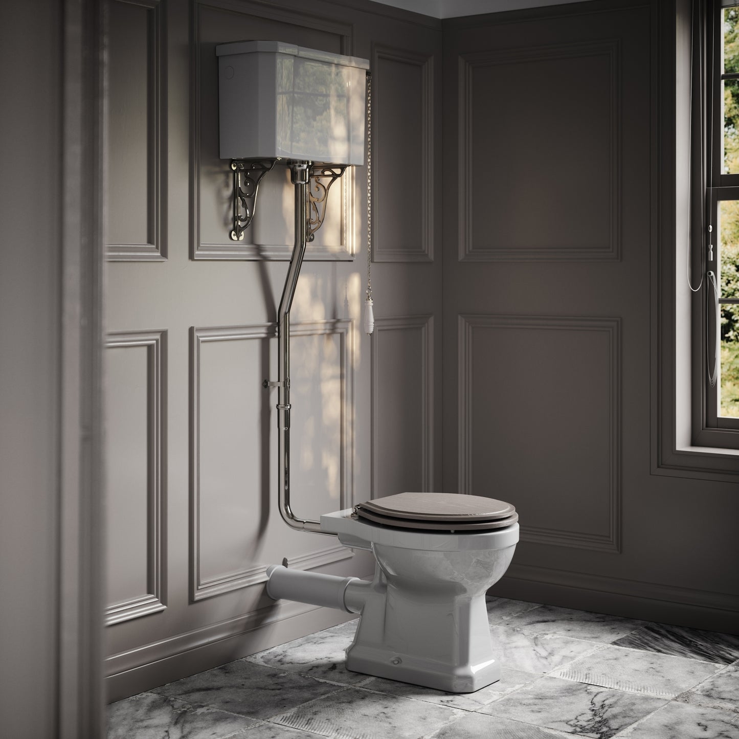 Portland High Level Traditional Toilet with Solid Oak Velvet Beige seat (Chrome Fittings)