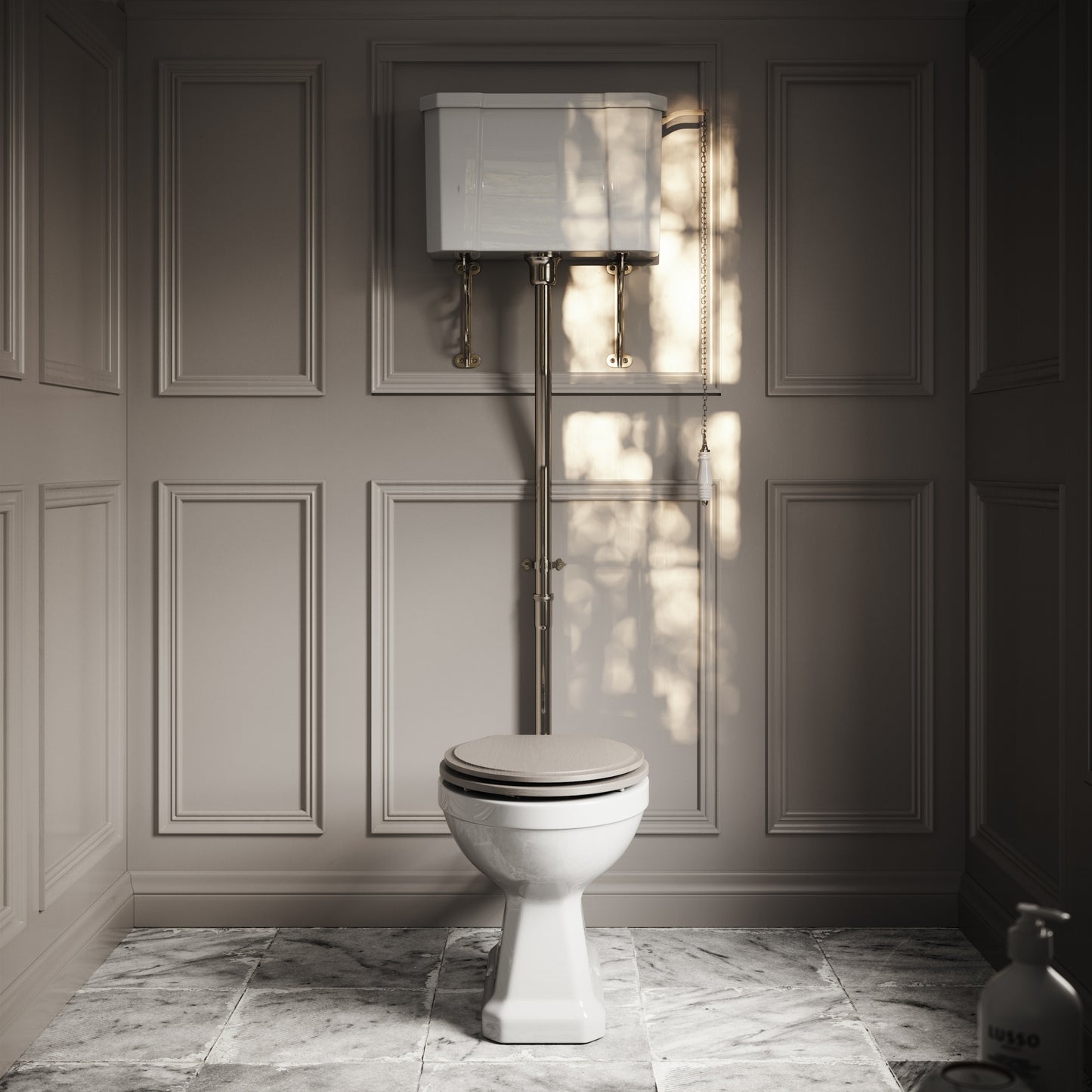 Portland High Level Traditional Toilet with Solid Oak Velvet Beige seat (Polished Nickel Fittings)
