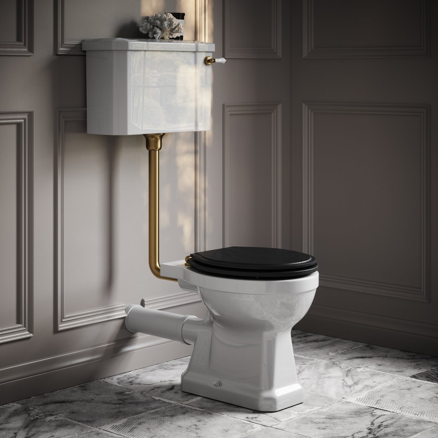 Portland Low Level Traditional Toilet with Solid Oak Matte Black seat (Brushed Gold Fittings)