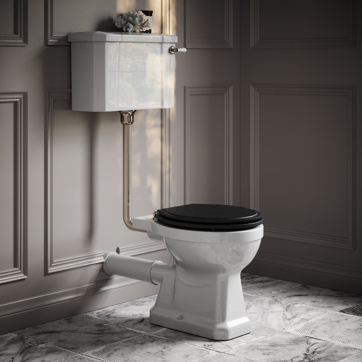 Portland Low Level Traditional Toilet with Solid Oak Matte Black seat (Polished Nickel Fittings)