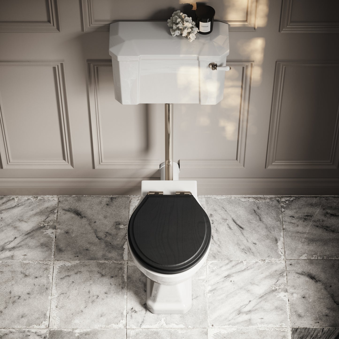 Portland Low Level Traditional Toilet with Solid Oak Matte Black seat (Polished Nickel Fittings)