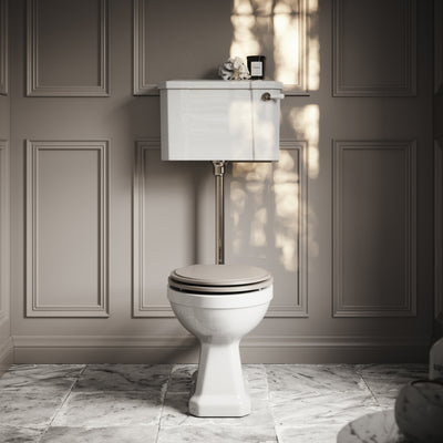 Portland Low Level Traditional Toilet with Solid Oak Velvet Beige seat (Polished Nickel Fittings)