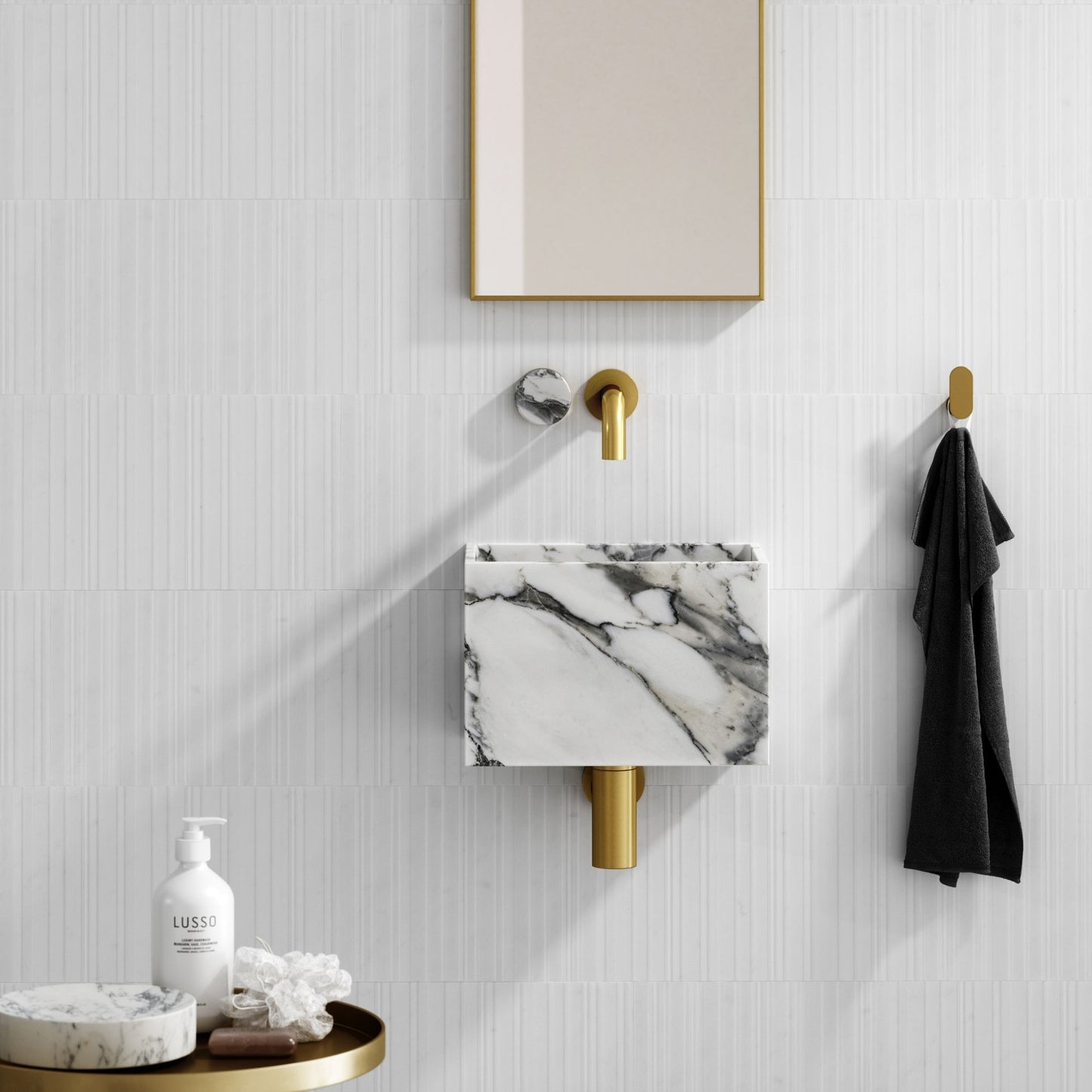Porto Short Projection Wall Mounted Basin Tap (Brushed Gold & Arabescato Marble)