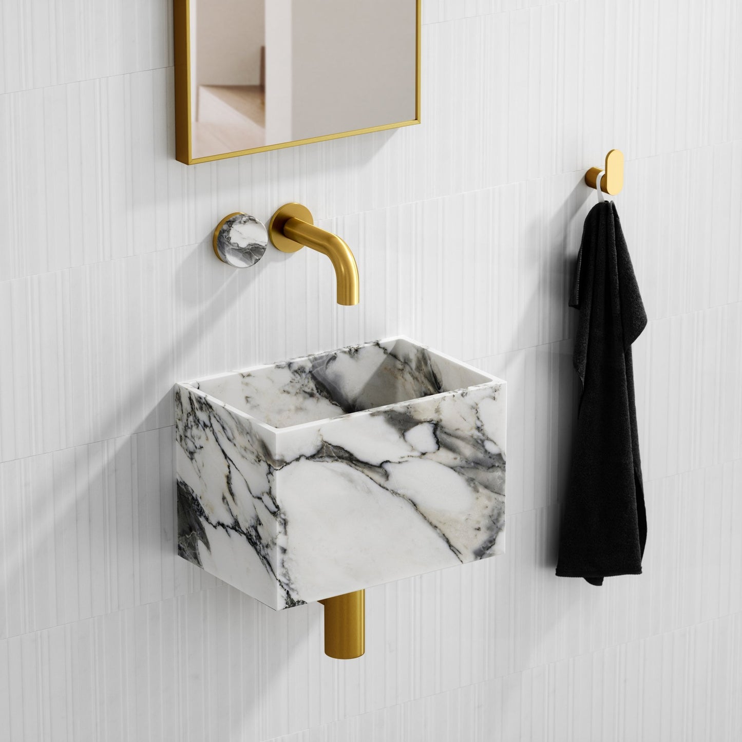Porto Short Projection Wall Mounted Basin Tap (Brushed Gold & Arabescato Marble)