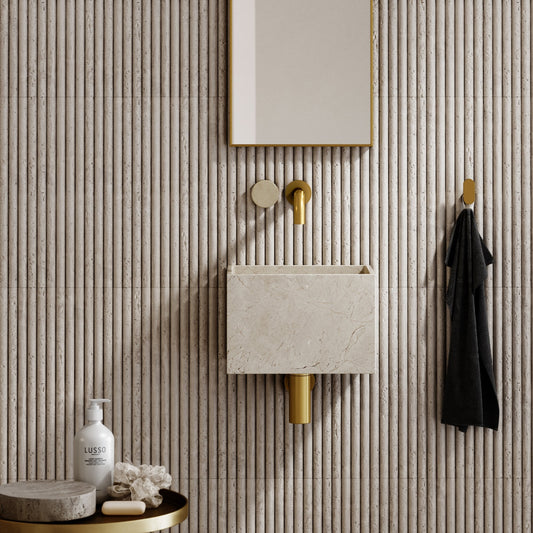 Porto Short Projection Wall Mounted Basin Tap (Brushed Gold & Crema Marfil Marble)
