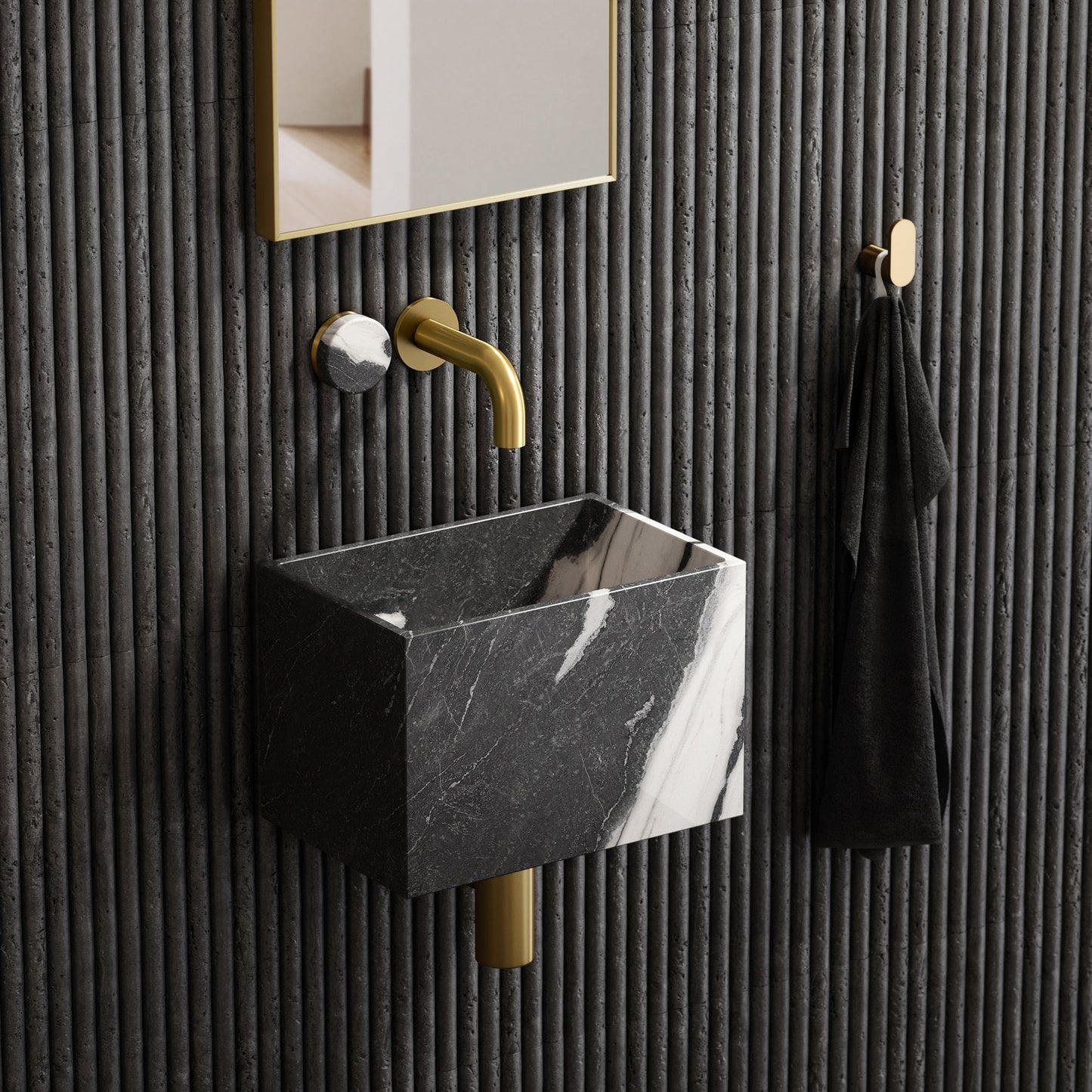 Porto Short Projection Wall Mounted Basin Tap (Brushed Gold & Panda Marble)