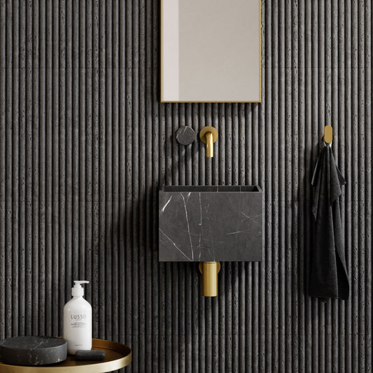 Porto Short Projection Wall Mounted Basin Tap (Brushed Gold & Pietra Grey Marble)