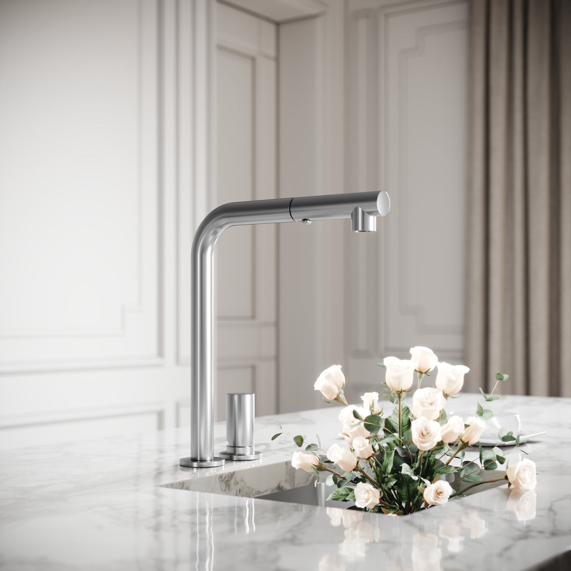 Pure Brushed Stainless Pull Out Swivel Kitchen Tap
