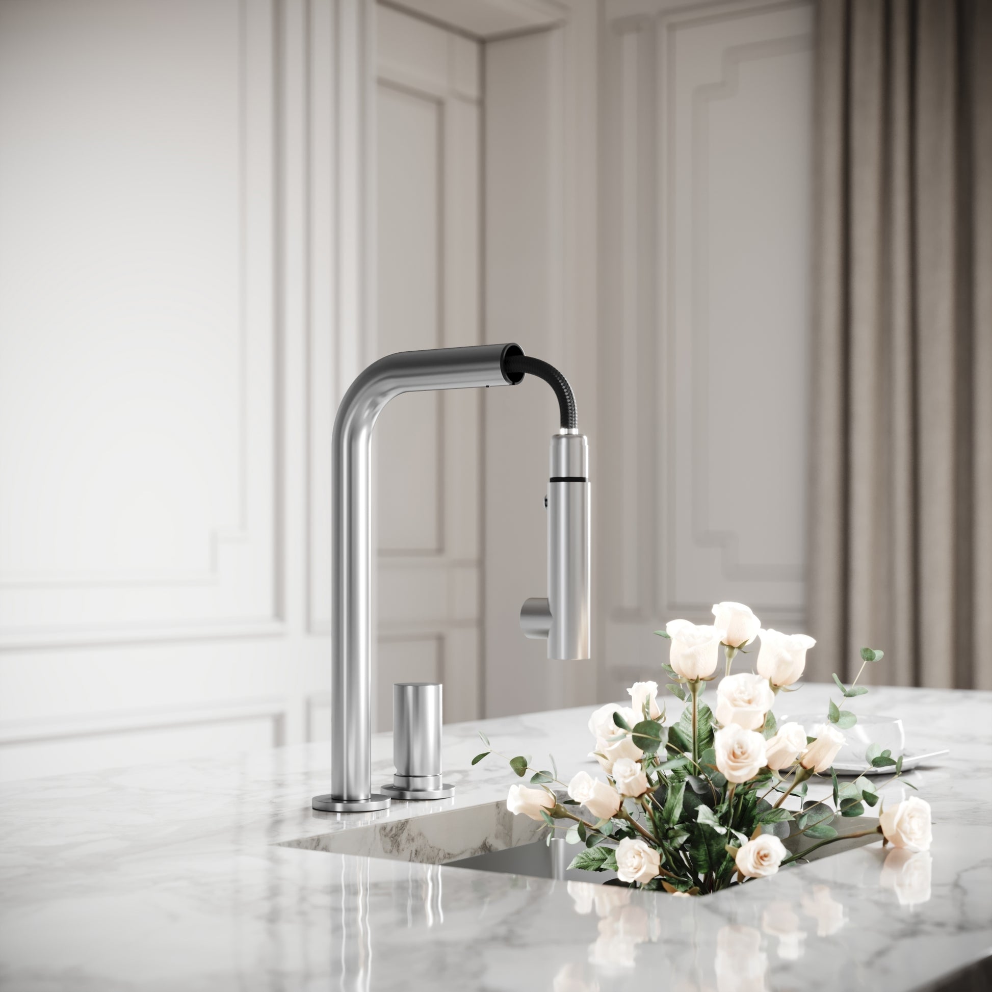 Pure Brushed Stainless Pull Out Swivel Kitchen Tap
