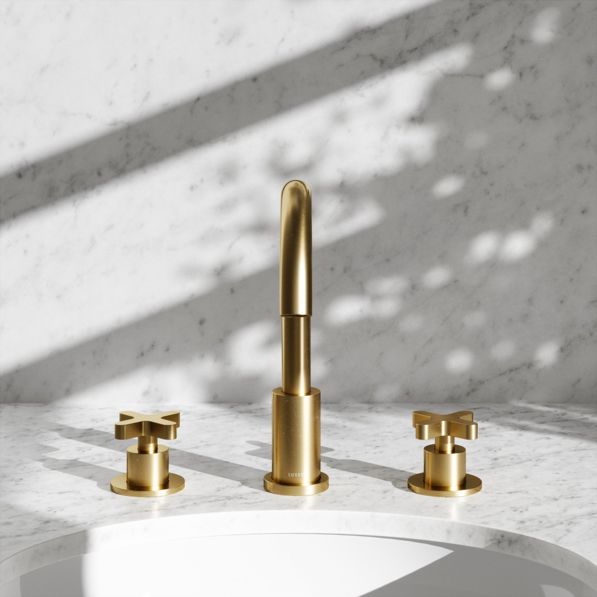 Regal Brushed Gold Crosshead Deck Mounted 3-Hole Basin Mixer Tap